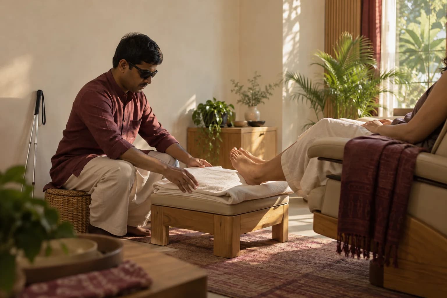 A visually impaired Indian reflexology professional preparing a footrest for an arriving guest.