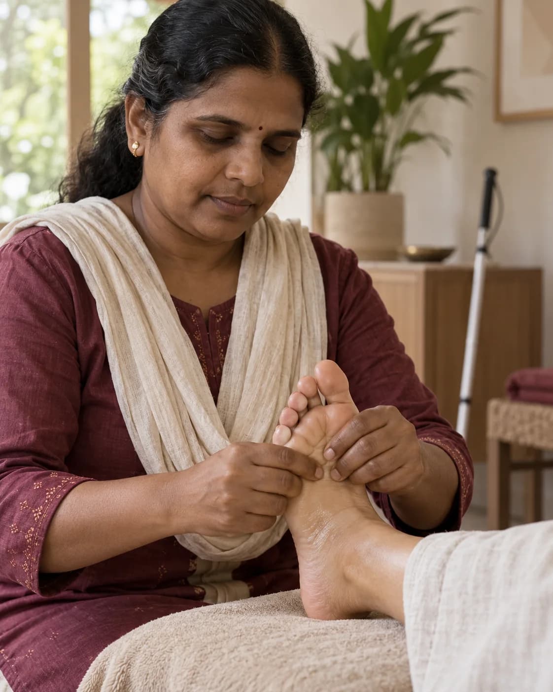 A visually impaired Indian woman applying foot reflexology in a calm wellness setting.