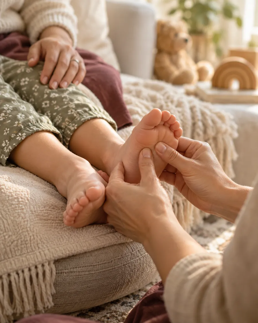 A gentle reflexology session with a smaller pair of feet.