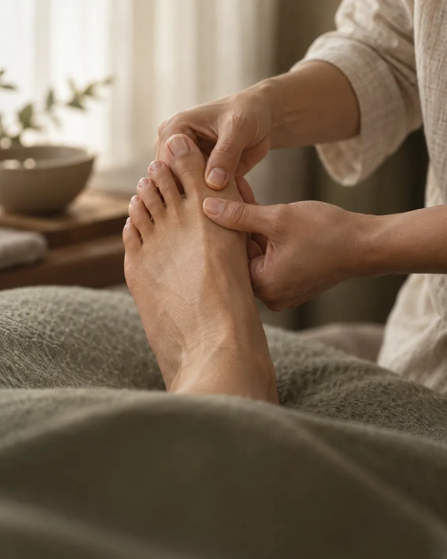 A quiet scene of a guest resting during a focused reflexology session.