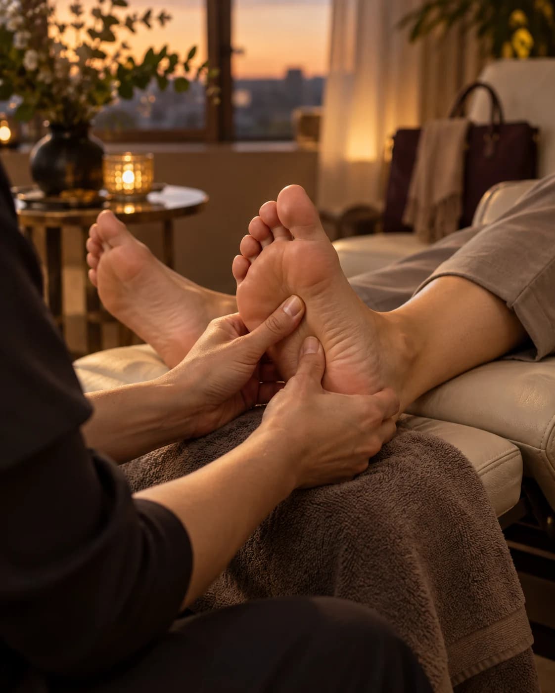 Close-up of an after-work guest receiving steady reflexology pressure in a quiet evening room.