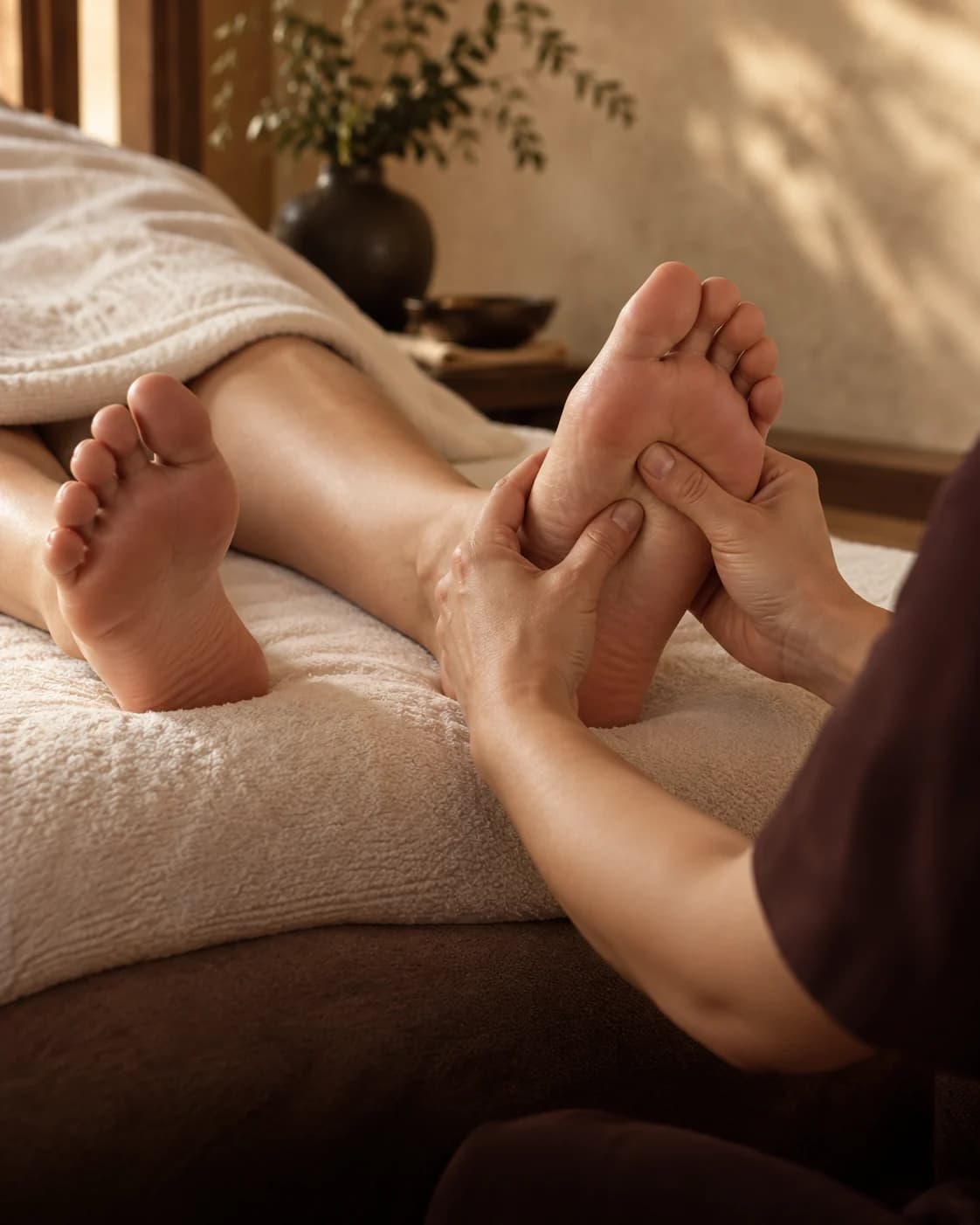 Close-up of gentle reflexology pressure being applied to a resting foot in warm daylight.