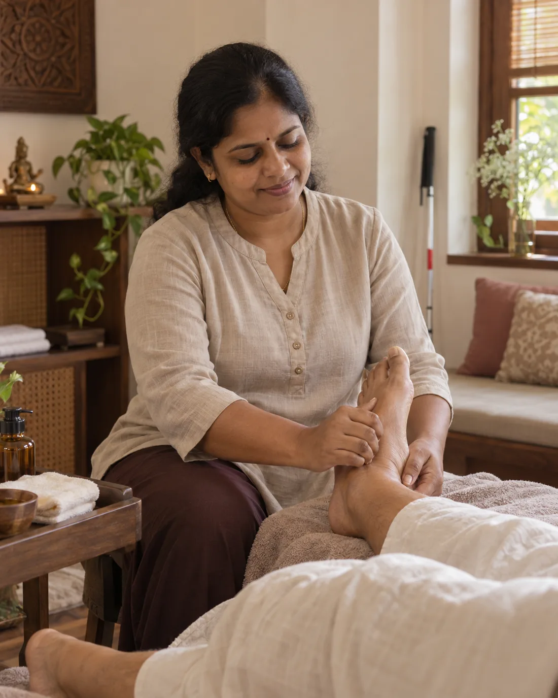 A trained visually impaired Indian woman reflexology professional applying careful pressure during a session.