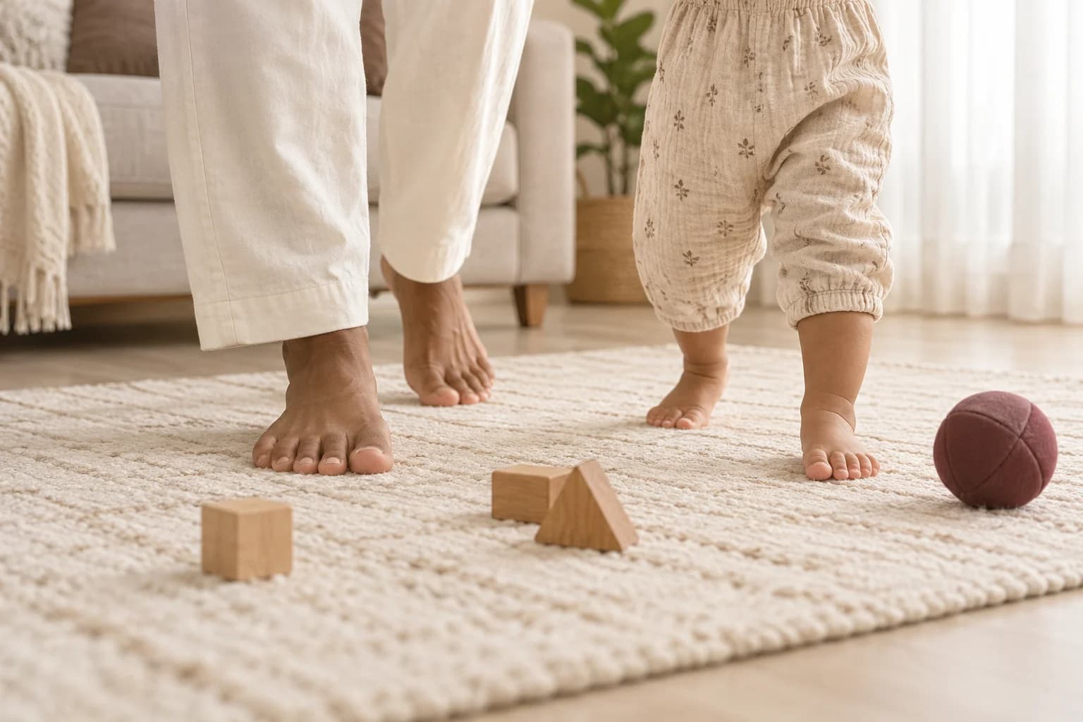 Close-up of a parent's and child's bare feet playing beside wooden blocks on an ivory rug in a light apartment.